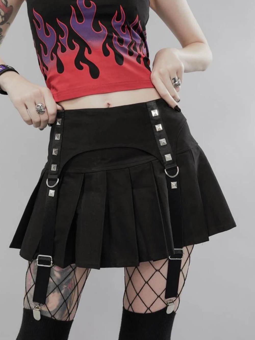 Widow Black Pleated Mini Skirt with Studded Straps